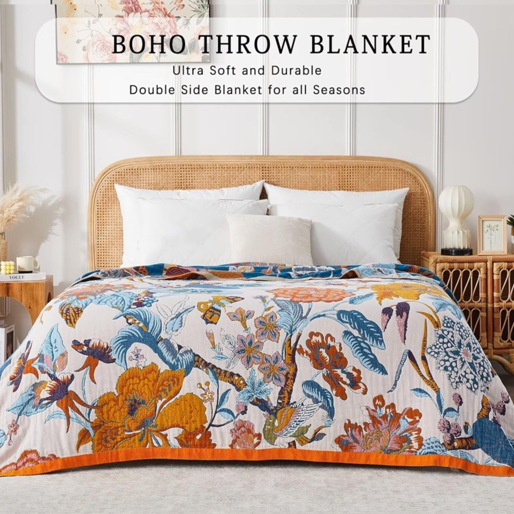 Boho Throw Blanket - Multicolor Floral Quilt nwot